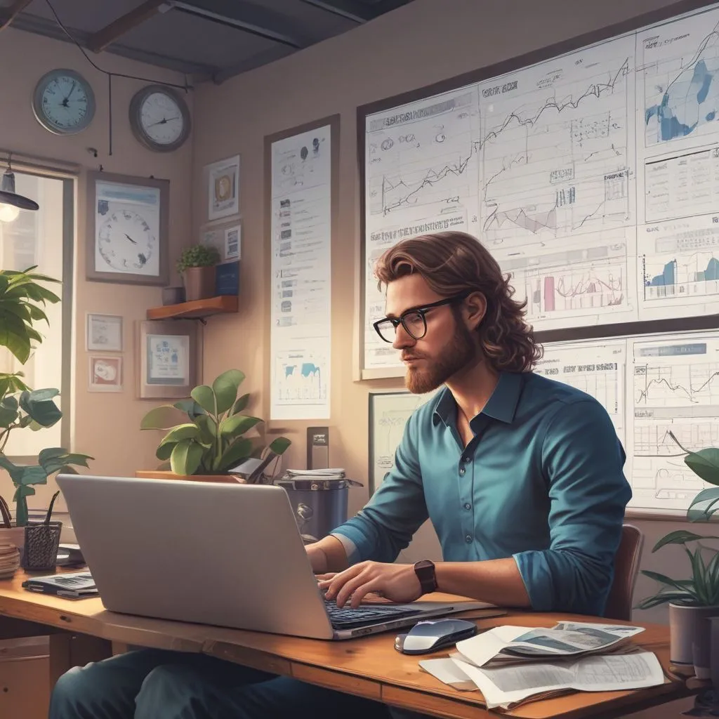 Young professional using laptop with AI dashboard, charts, and workflow automation icons, realistic office setting, India, high detail