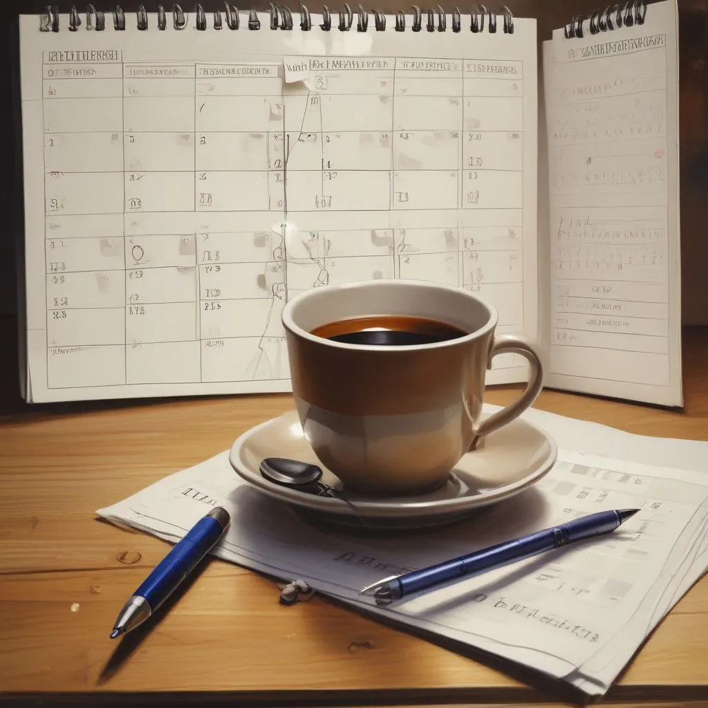 A calendar with "Decision Deadline" marked, a pen and a coffee cup on a desk, soft lighting