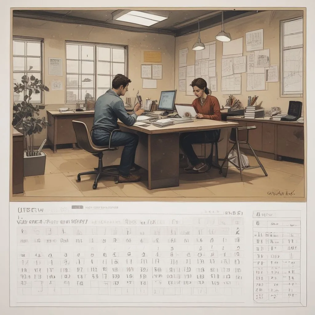 A calendar with "OPT Application" marked, showing a student working in a modern office with a mentor