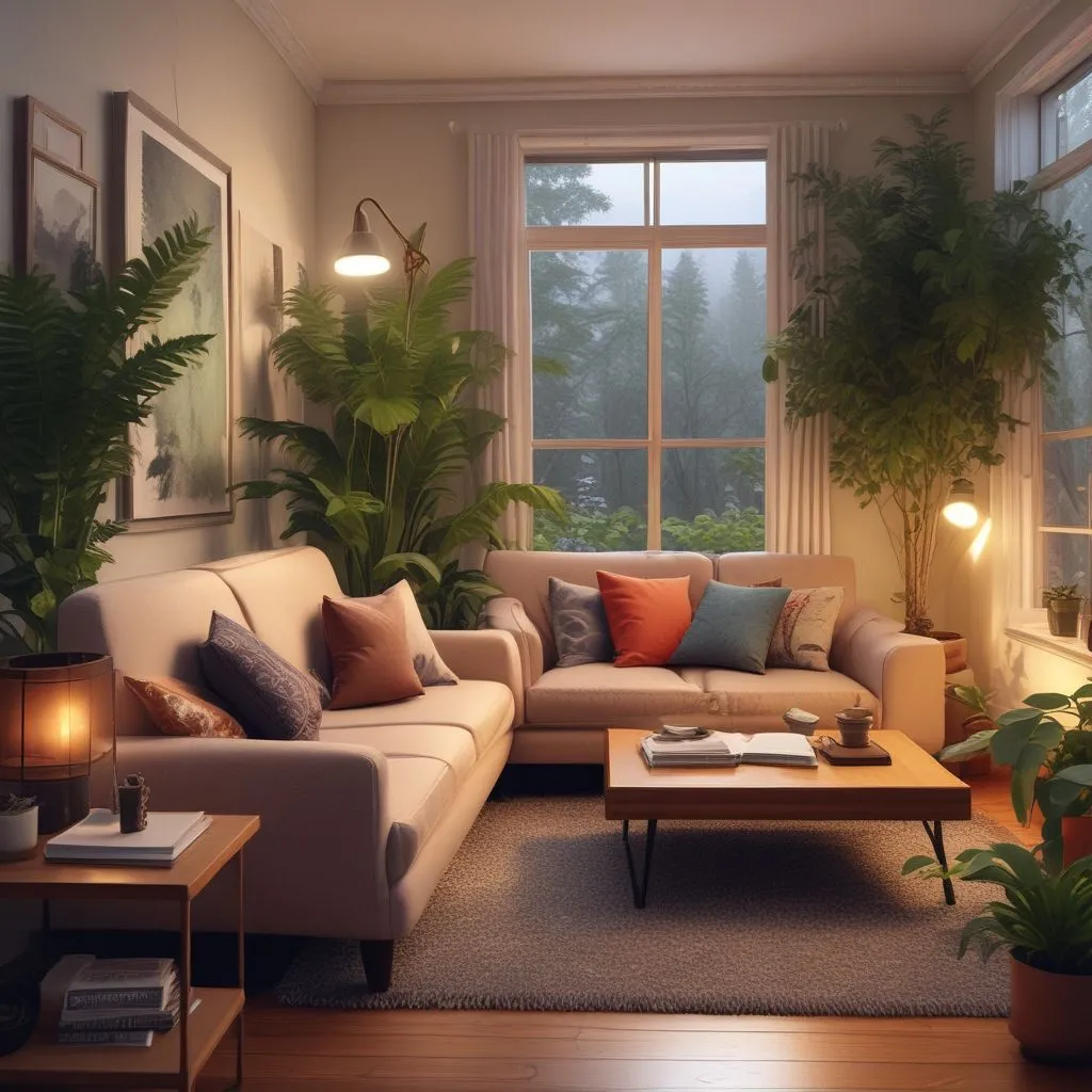 A calm therapist’s office with a couch, plants, and soft lighting