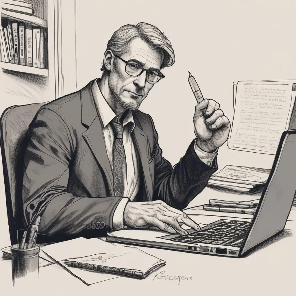 A candidate using hand gestures naturally while speaking to the camera, with a notepad and pen beside the laptop