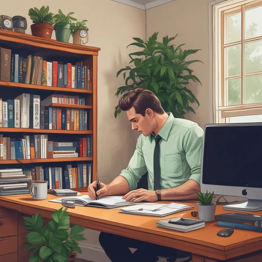 A clean, clutter-free home office wall with a subtle plant or bookshelf, and a candidate wearing a solid-colored, professional shirt