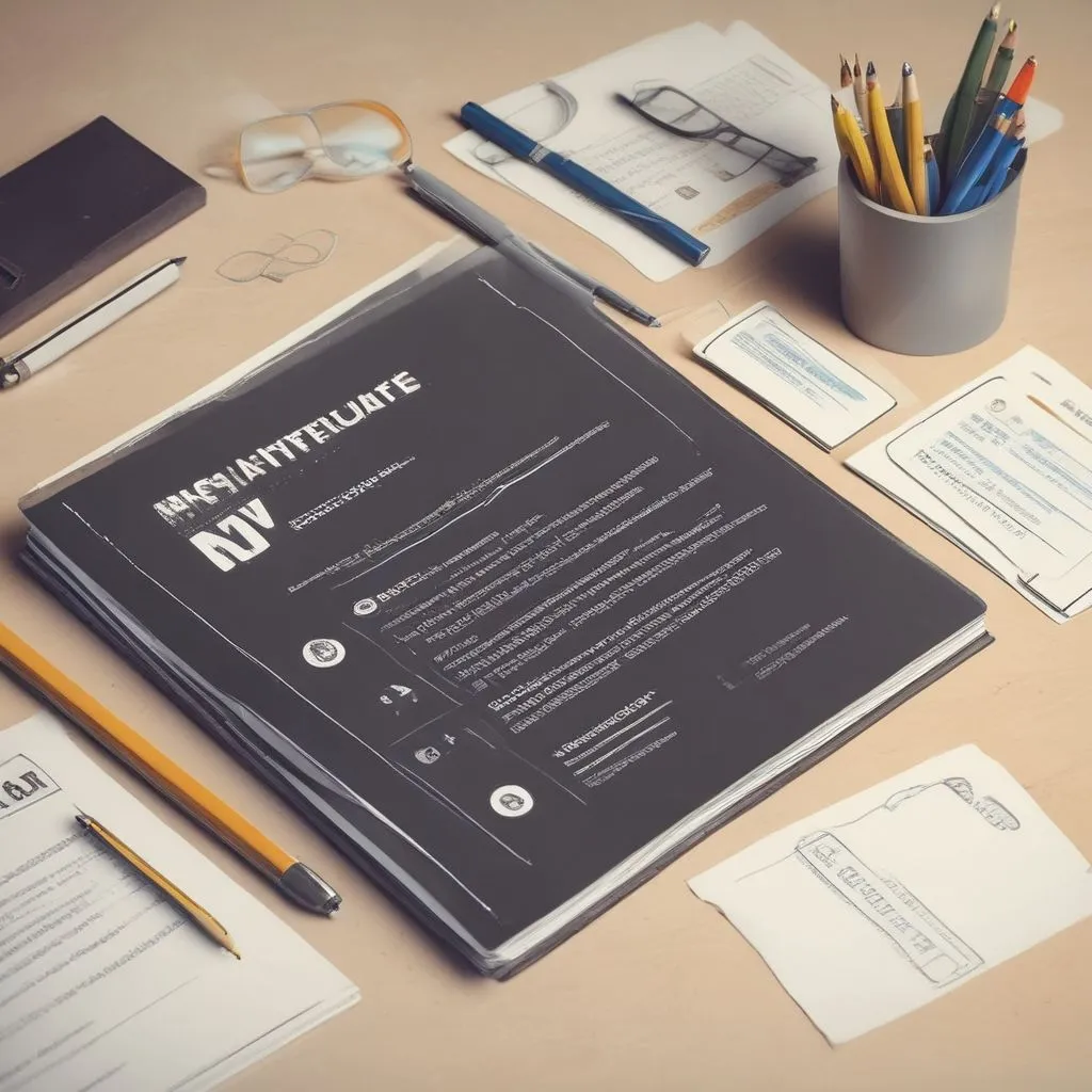 A close-up of a resume or CV on a table with a highlighter marking key achievements like internships, projects, and certifications, with a pen and a notepad next to it
