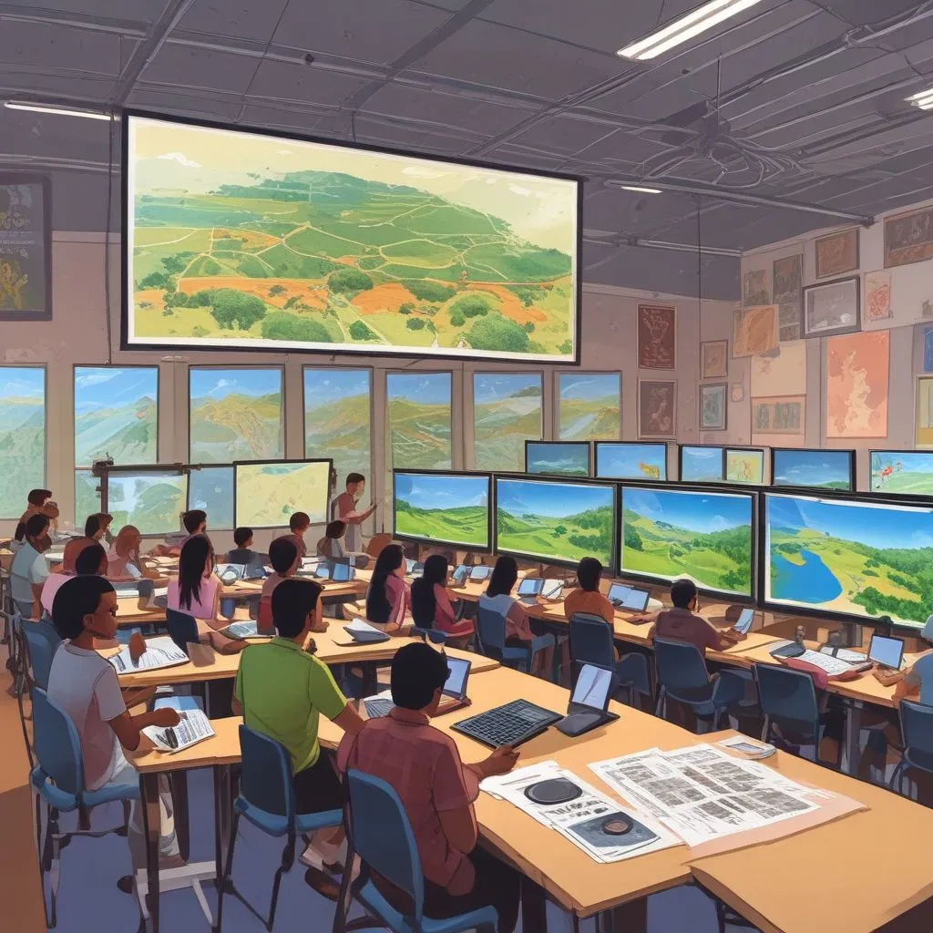 A college classroom with students learning GIS software and drone mapping on large screens, India 2025 precision agriculture curriculum