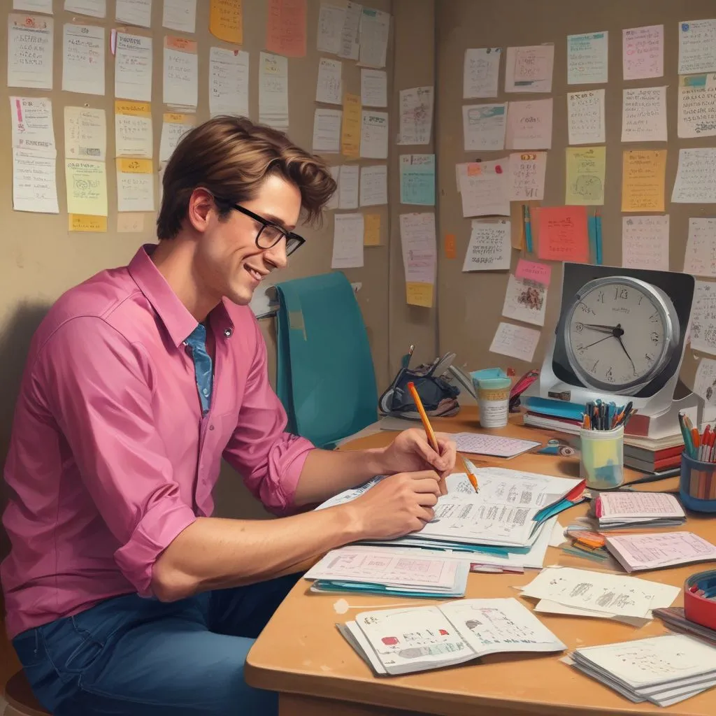 A colorful weekly planner on a desk with sticky notes, a clock, and a student smiling while checking tasks