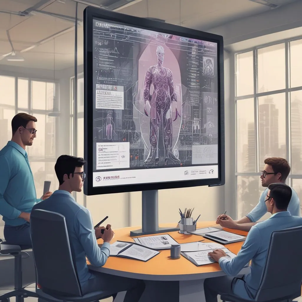 A corporate R&D office with engineers discussing a prototype, and a screen showing "Integrated M.Tech - R&D Hiring 2026"