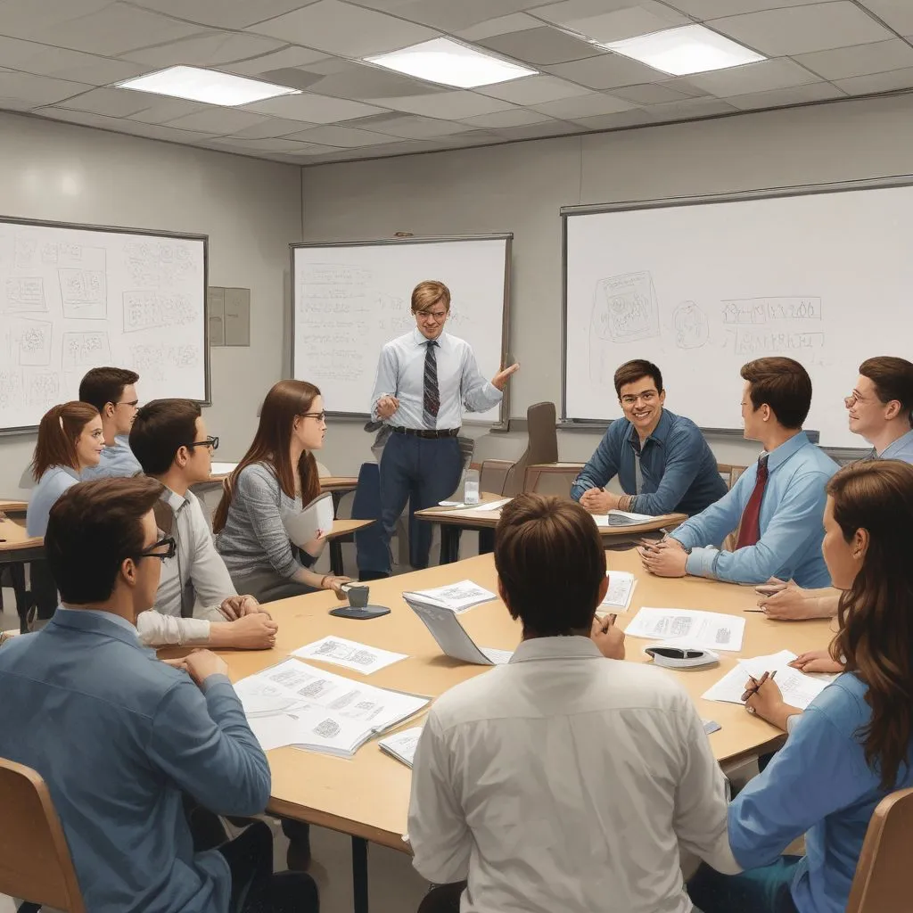 A group of college students practicing mock interviews in a classroom, one asking questions and another answering, whiteboard in background, collaborative atmosphere