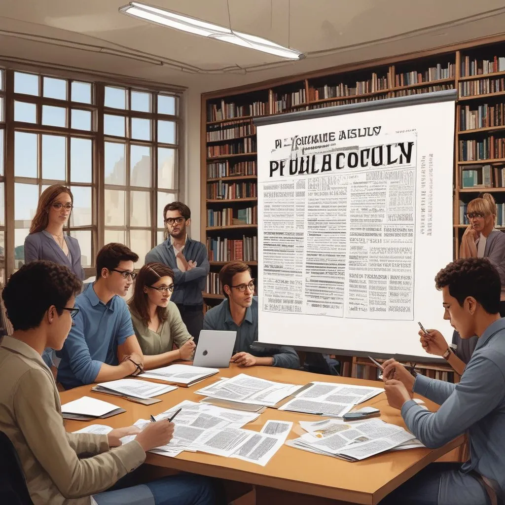 A group of diverse students discussing policy documents around a table in a modern library, with a "Public Policy Alumni" banner