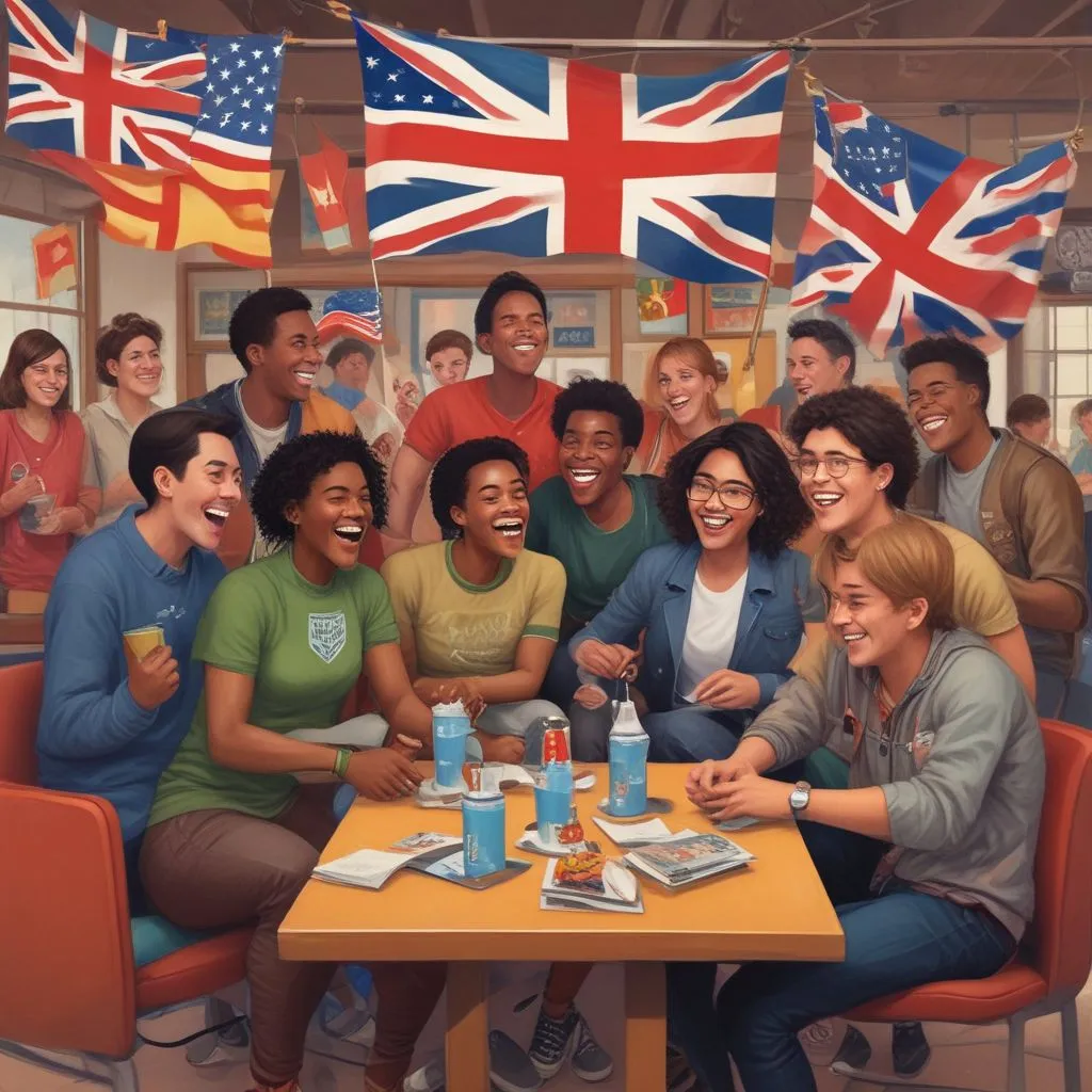 A group of diverse students laughing together in a university lounge with international flags