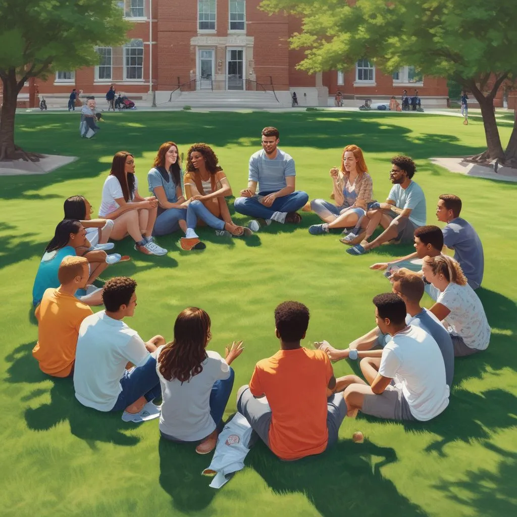 A group of diverse students sitting in a circle on a campus lawn, chatting and smiling