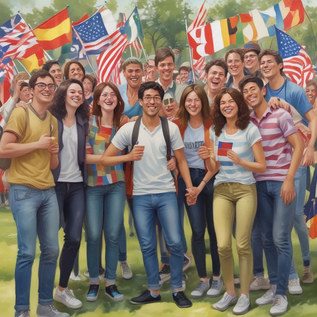 A group of international students laughing together at a cultural festival, with flags from different countries in the background