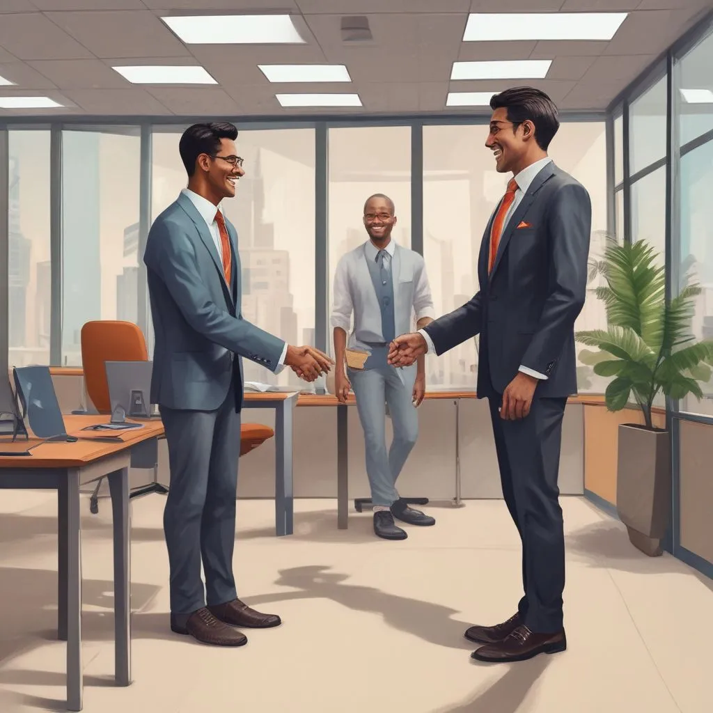 A happy Indian fresh graduate shaking hands with a recruiter in a modern office, 2026, professional attire, smiling