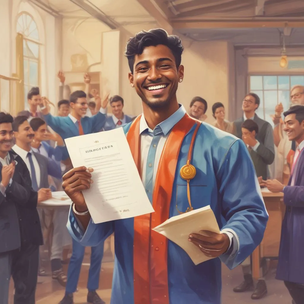 A happy Indian graduate holding a job offer letter with a staffing agency consultant in the background, celebrating success