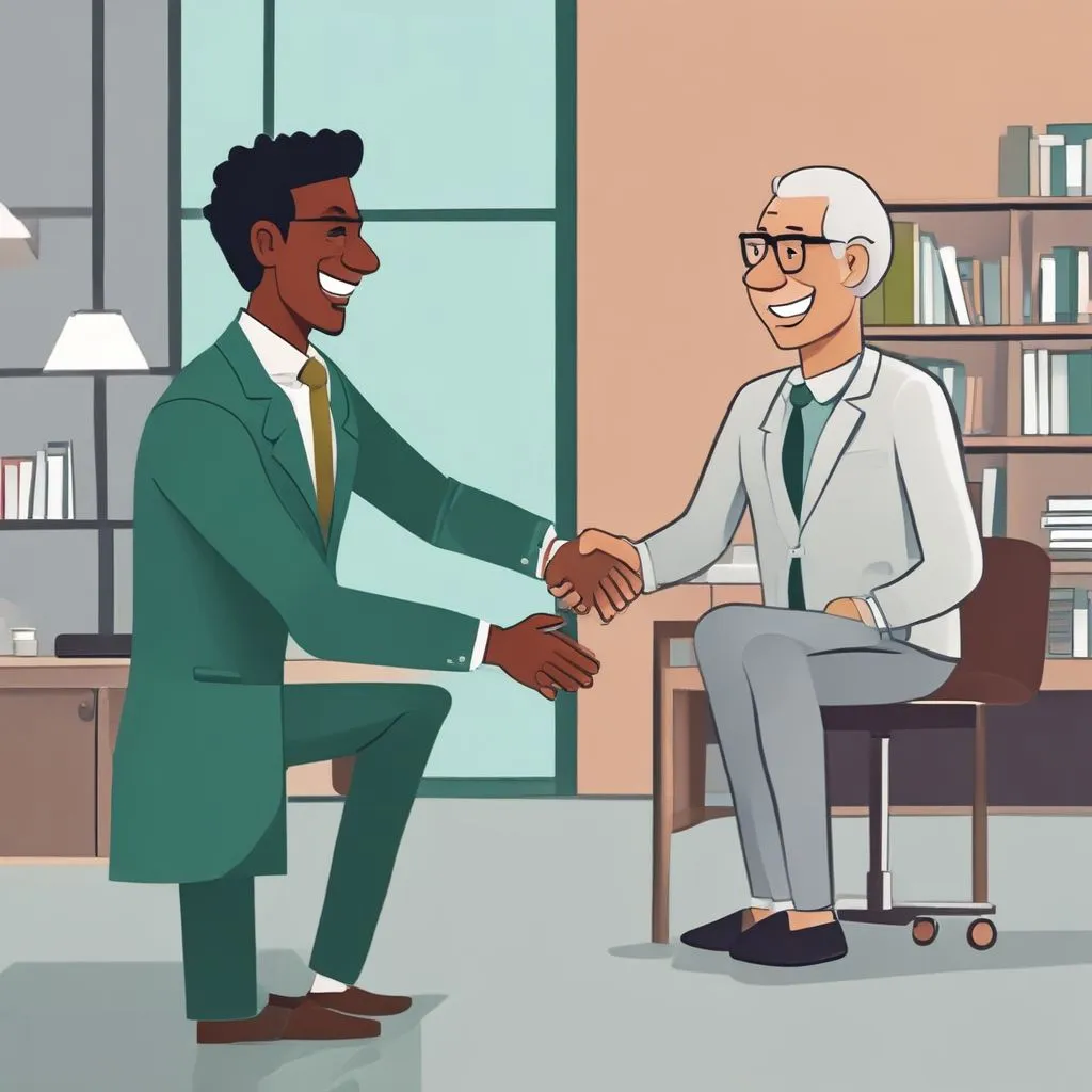 A happy Indian professional shaking hands with a recruiter in a modern office, with a green tick icon above them symbolizing a good job offer decision