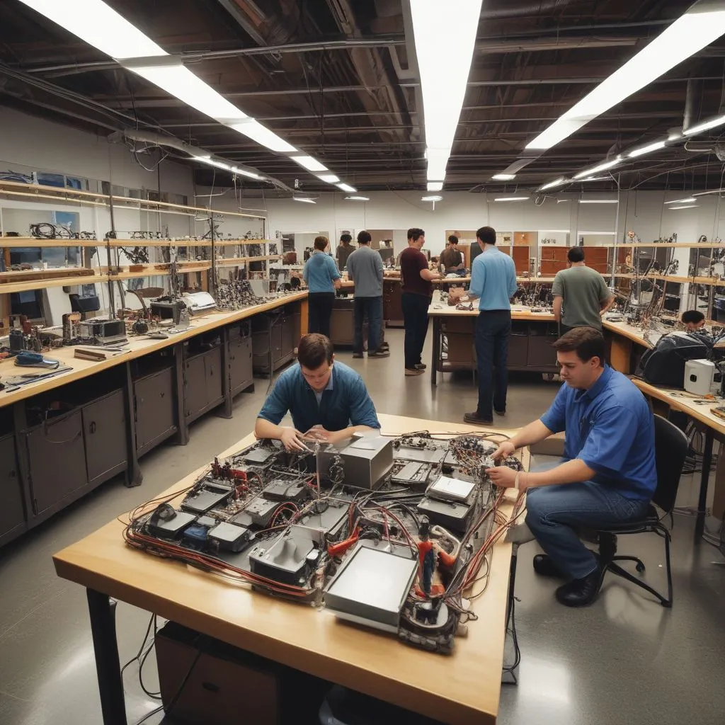 A laboratory with students working on mechanical prototypes and electrical circuits, with professors guiding, well-lit academic setting