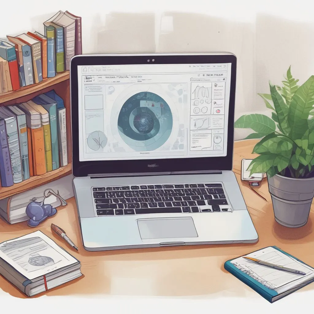 A laptop screen displaying online tutorials, e-books, and practice test interfaces