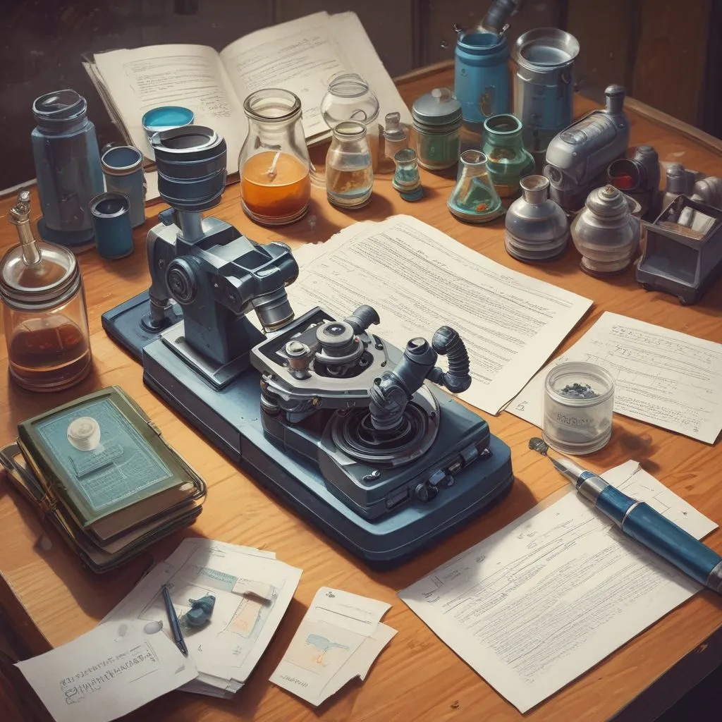 A microscope, beakers, and a funding approval letter on a desk with a calculator
