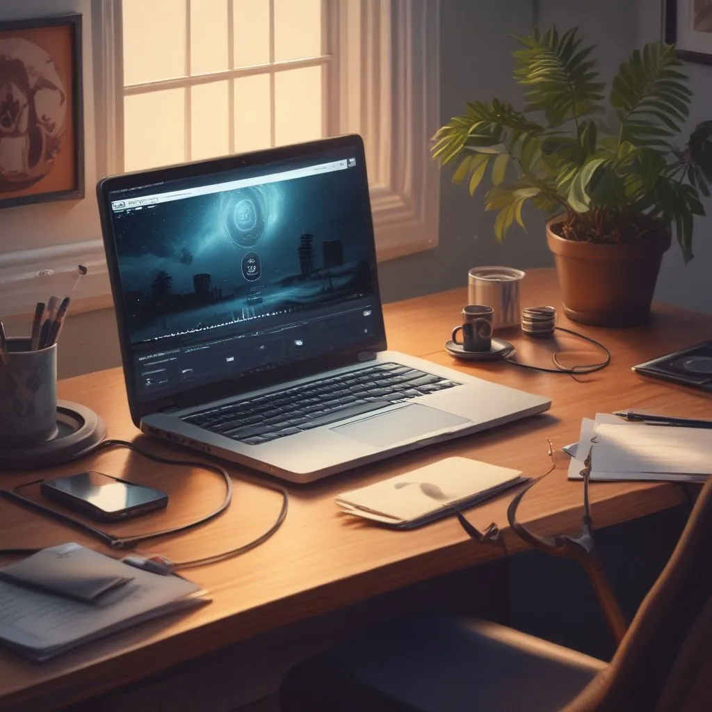 A modern laptop with a high-quality webcam, ring light, and noise-cancelling microphone on a desk, with a stable internet speed test on screen