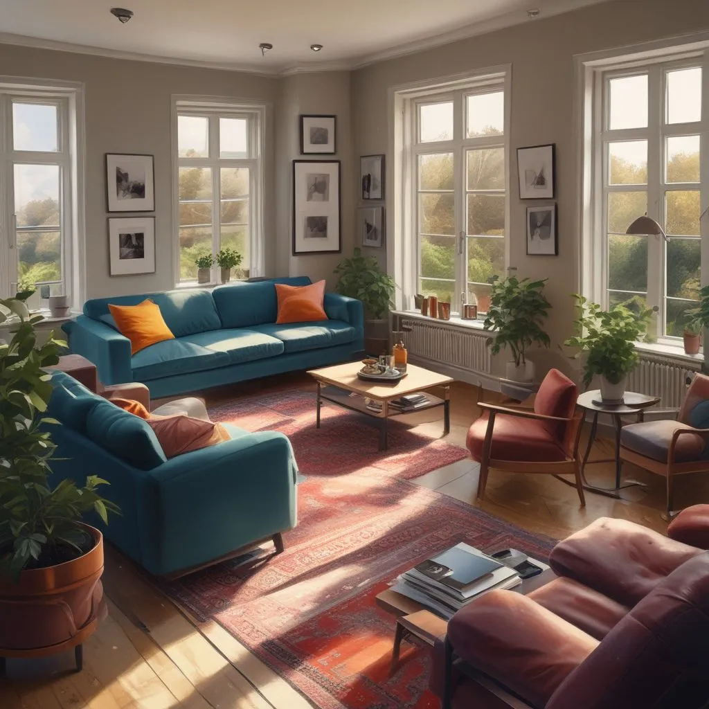 A modern shared living room in a UK house share with multiple people working or relaxing, clean and well-furnished