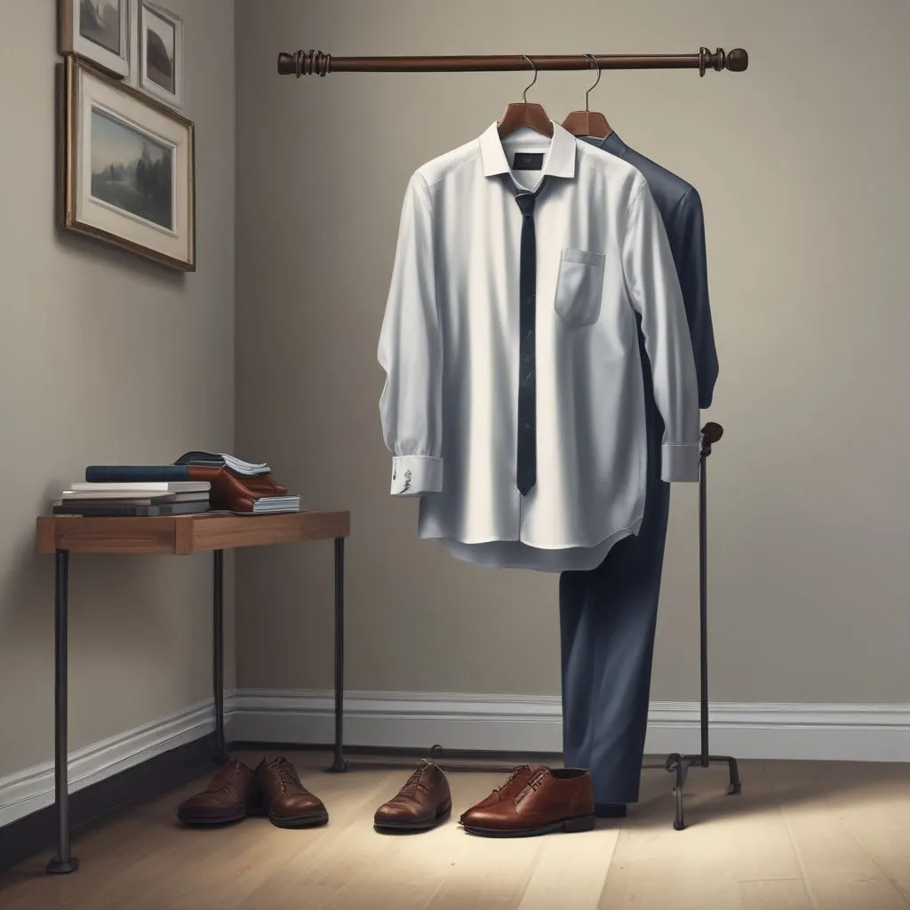 A neatly arranged formal shirt and trousers on a hanger, with polished shoes and a tie, clean background, realistic style