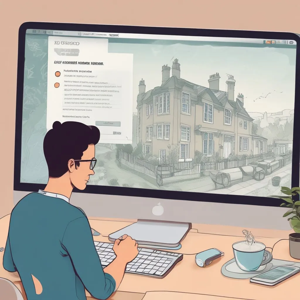 A person browsing a laptop showing a UK property website with filters for price range and area, with a cup of tea beside it