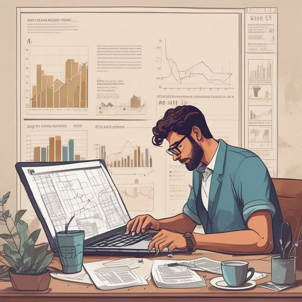 A person browsing salary data on a laptop with graphs and charts, a cup of chai nearby, Indian office background