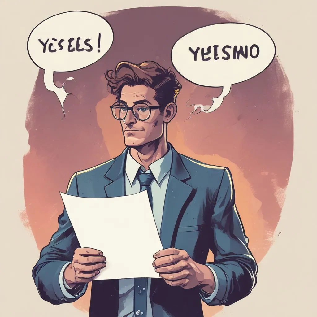 A person holding a pen over a job offer letter, with a glowing "Yes" or "No" thought bubble above their head