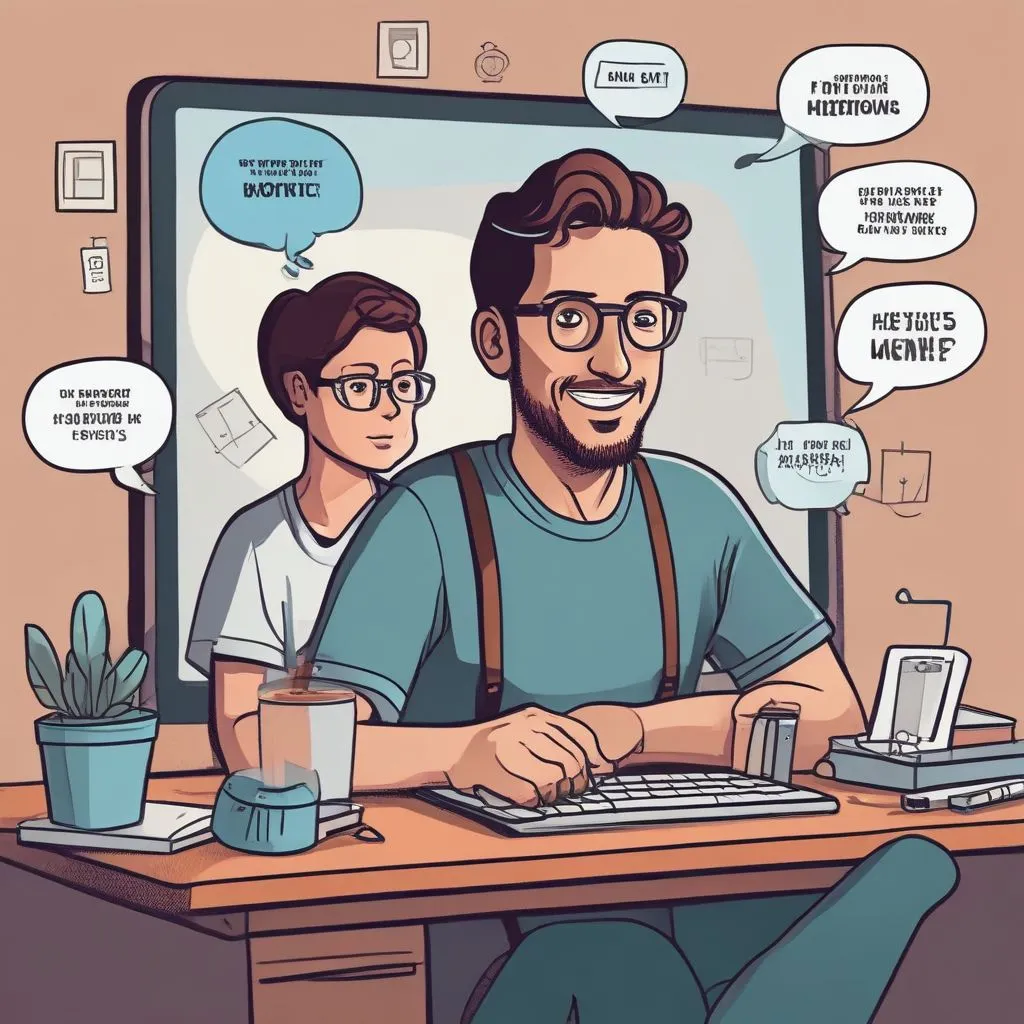A person in a video call with a recruiter, with speech bubbles showing questions like "Is remote work permanent?" and "What is the learning budget?"