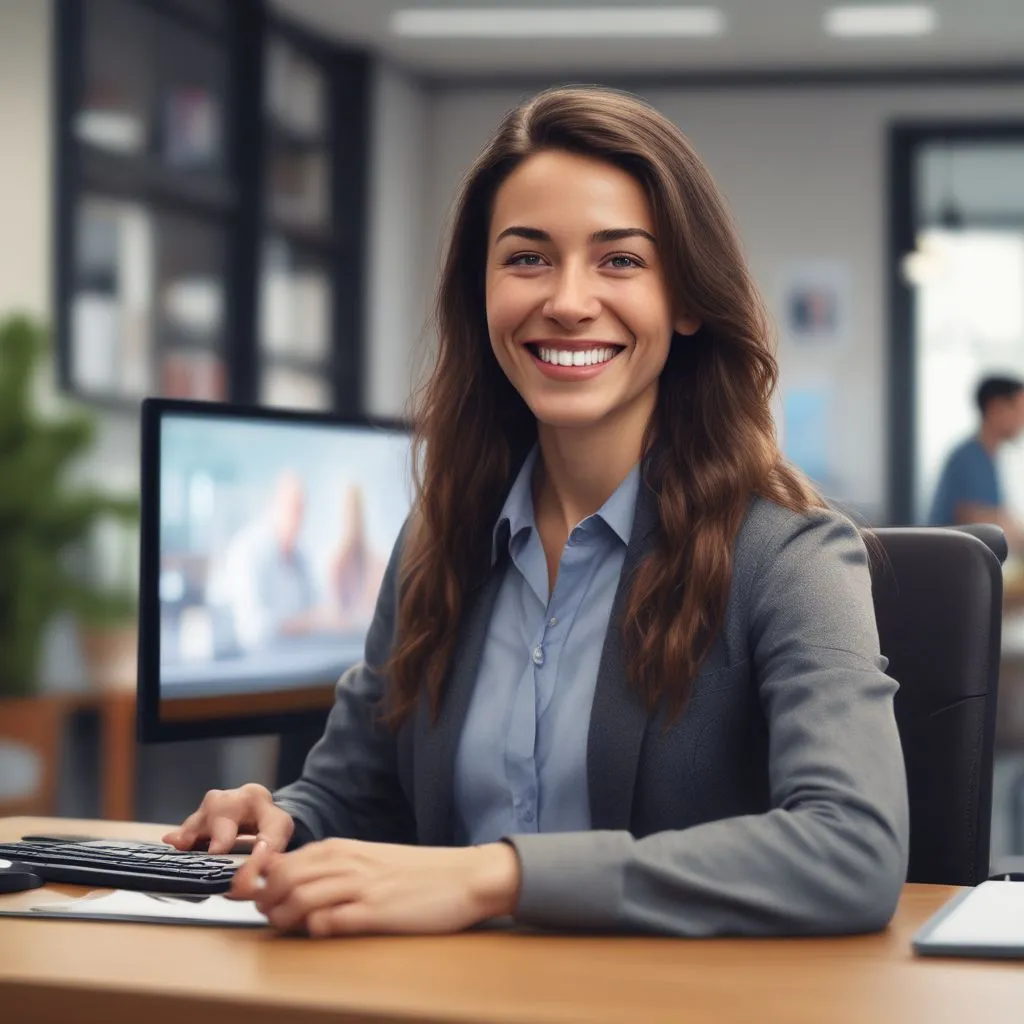 A person on a video call with a hiring manager, smiling and nodding, with a calm and confident expression, a blurred office background