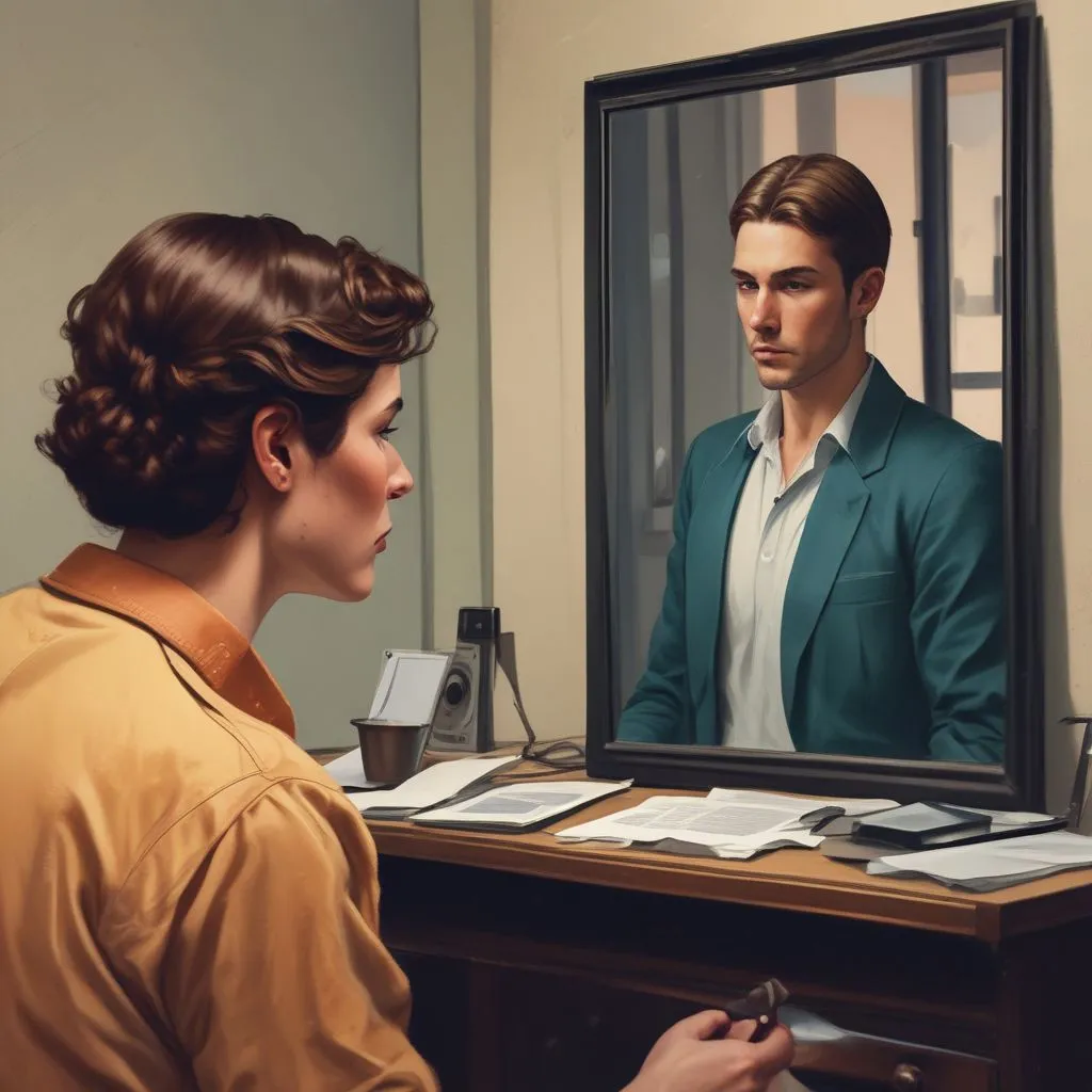 A person practicing a presentation in front of a mirror, holding a phone, with a determined expression