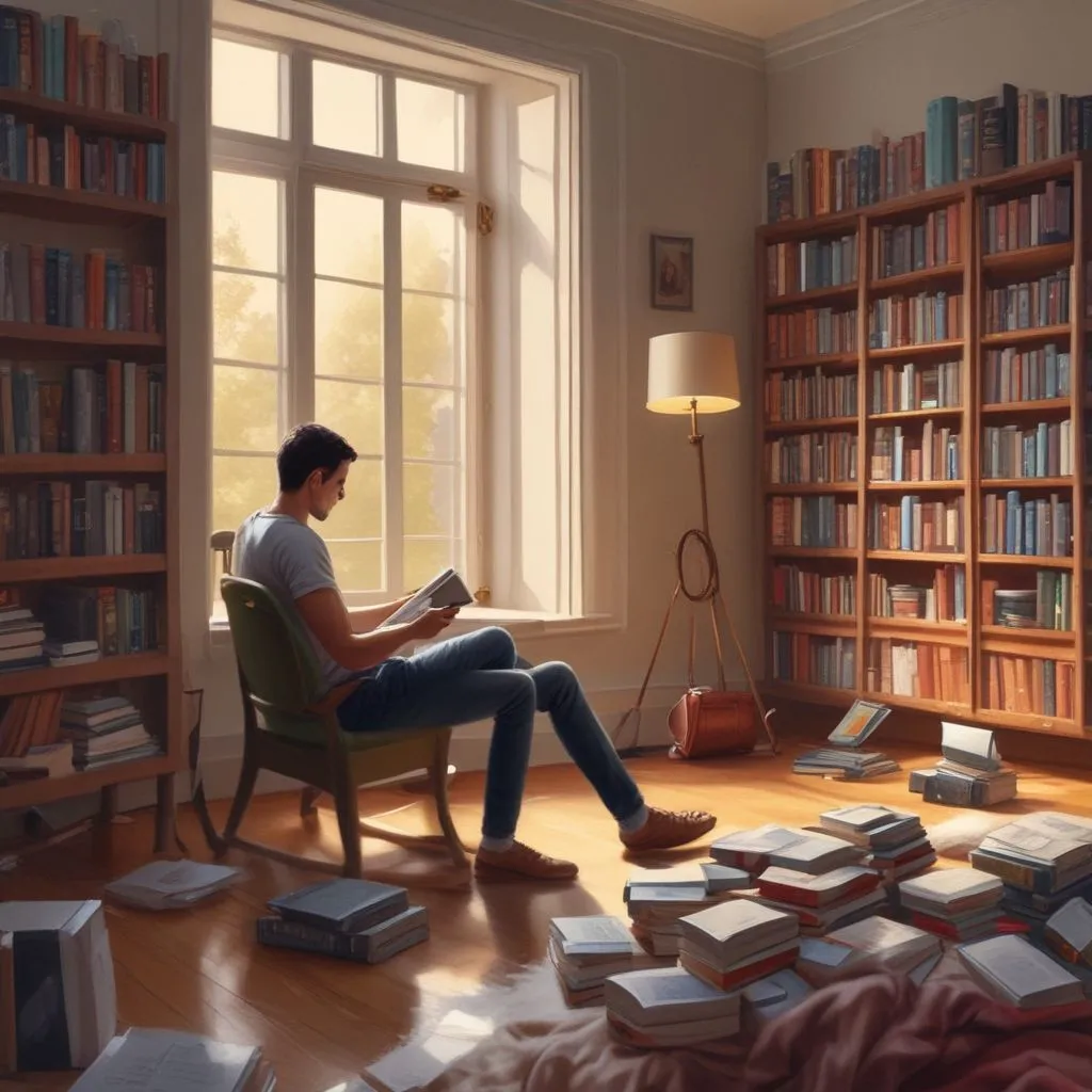 A person putting down a smartphone and picking up a book, with a peaceful room in the background