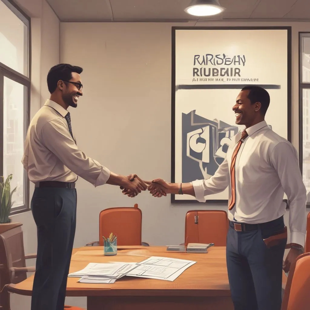 A person shaking hands with a hiring manager in a bright Indian office, both smiling, with a framed company logo on the wall