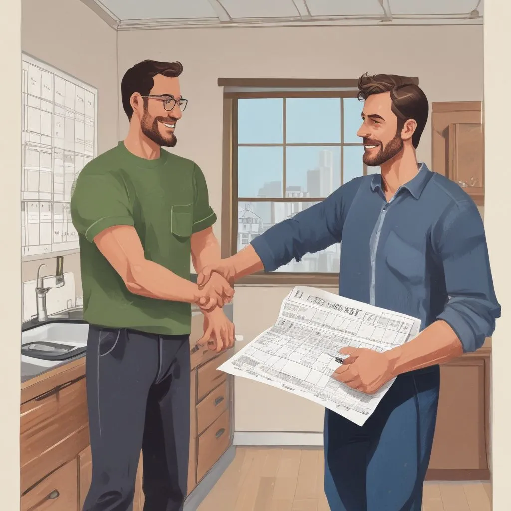 A person shaking hands with a landlord over a rental agreement, with a calendar showing flexible move-in dates