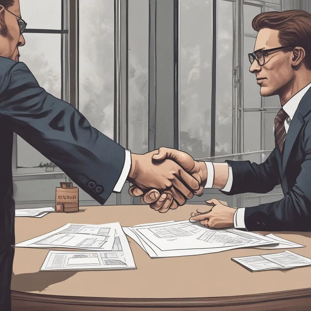 A person shaking hands with a recruiter across a table, with a "Negotiation" sign and a small gift box (representing offers)