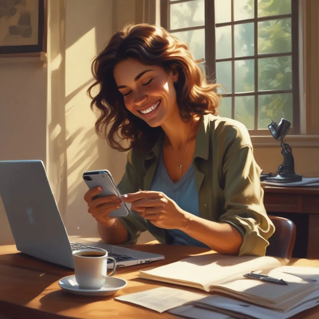 A person smiling while reading an email on a phone, with a cup of coffee on a desk, soft morning light
