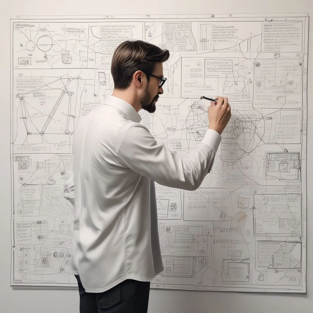 A person solving a complex problem on a whiteboard with diagrams and sticky notes