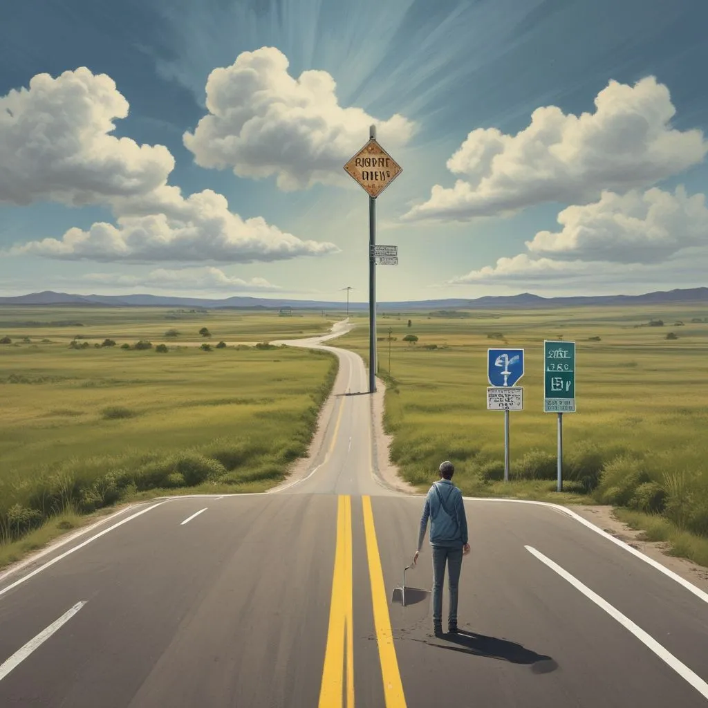 A person standing at a crossroads or a fork in a road, with one sign pointing to "Growth Opportunity" and another to "Low Offer", looking thoughtfully ahead