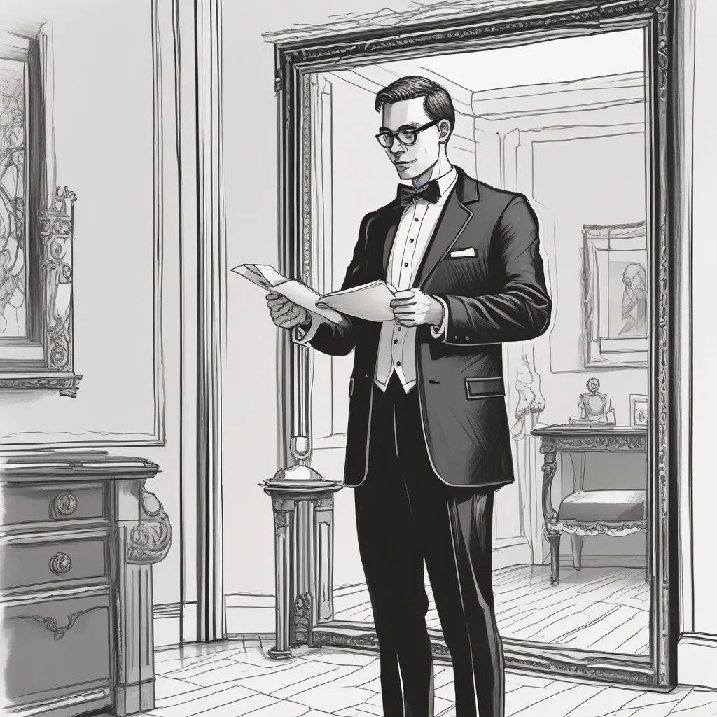 A person standing in front of a mirror, rehearsing a speech with a hand gesture, wearing formal attire, with a notepad in hand