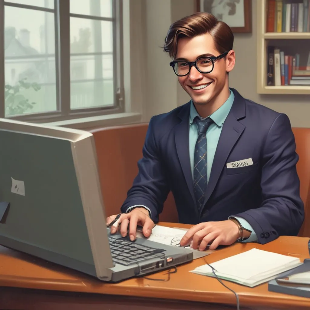 A person typing an email with "Thank you for the opportunity" on screen, a polite smile