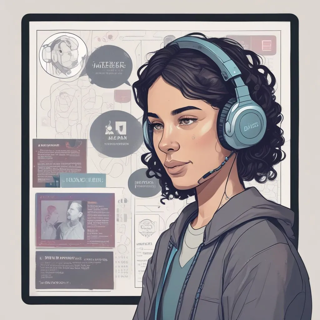 A person wearing headphones talking to an AI avatar on a screen with interview questions and feedback bubbles