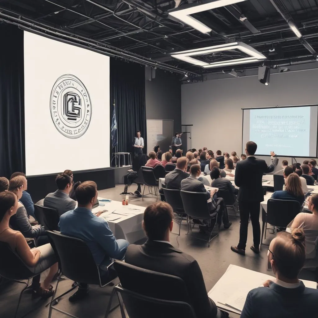 A photo of an industry expert speaking at a conference with a company logo on the backdrop, and attendees taking notes.