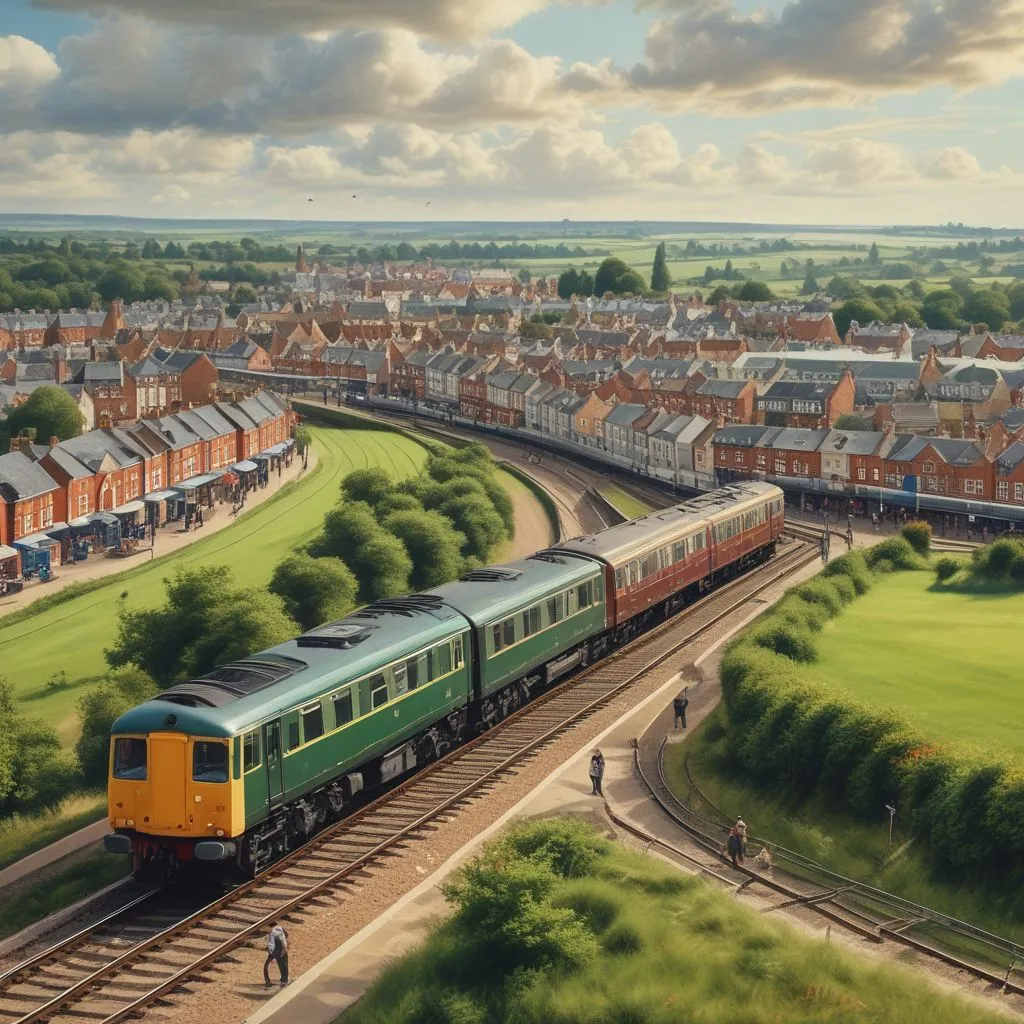A scenic UK commuter town with train station and green fields, showing affordable housing options away from central London