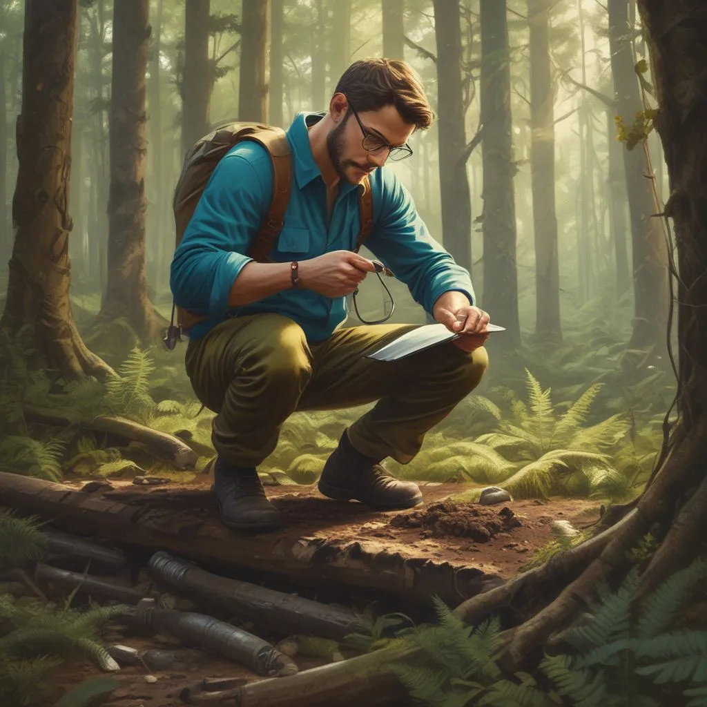 A scientist collecting soil samples in a forest with a clipboard and test tubes