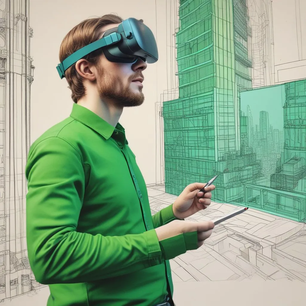 A split image: left side shows a tech designer using VR for product prototyping, right side shows an architect sketching a green building design