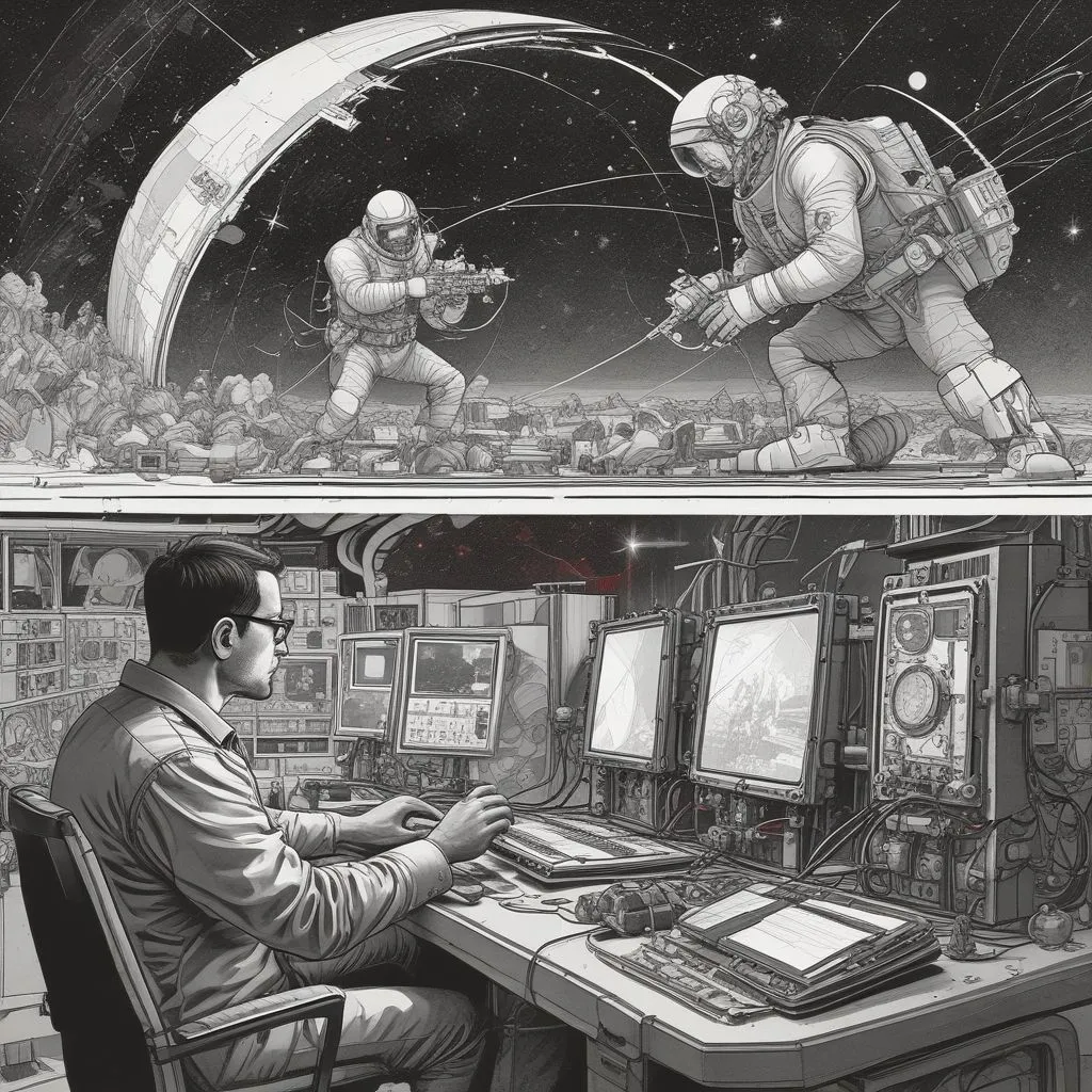 A split image: left side shows an engineer assembling a satellite, right side shows a scientist analyzing space data on a computer