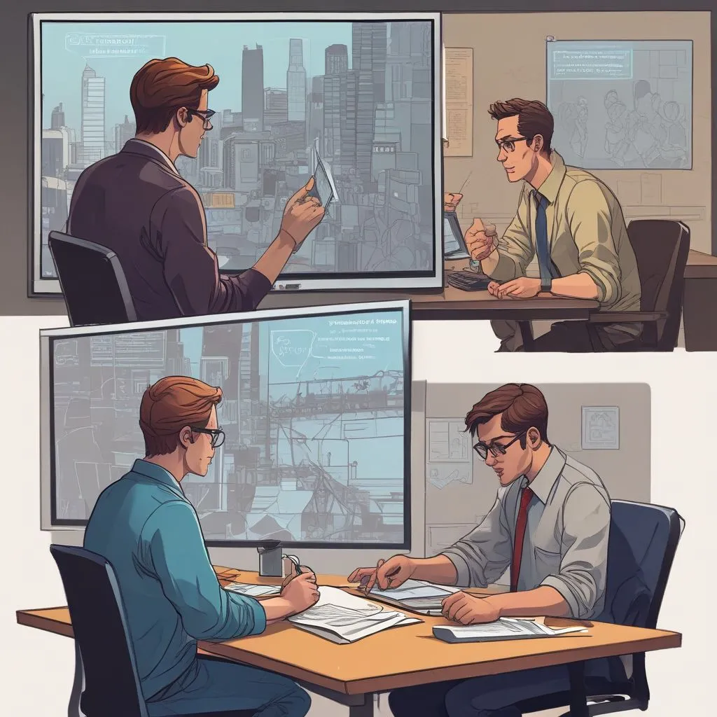 A split-screen showing a candidate doing a role-play simulation and another solving a coding problem on screen
