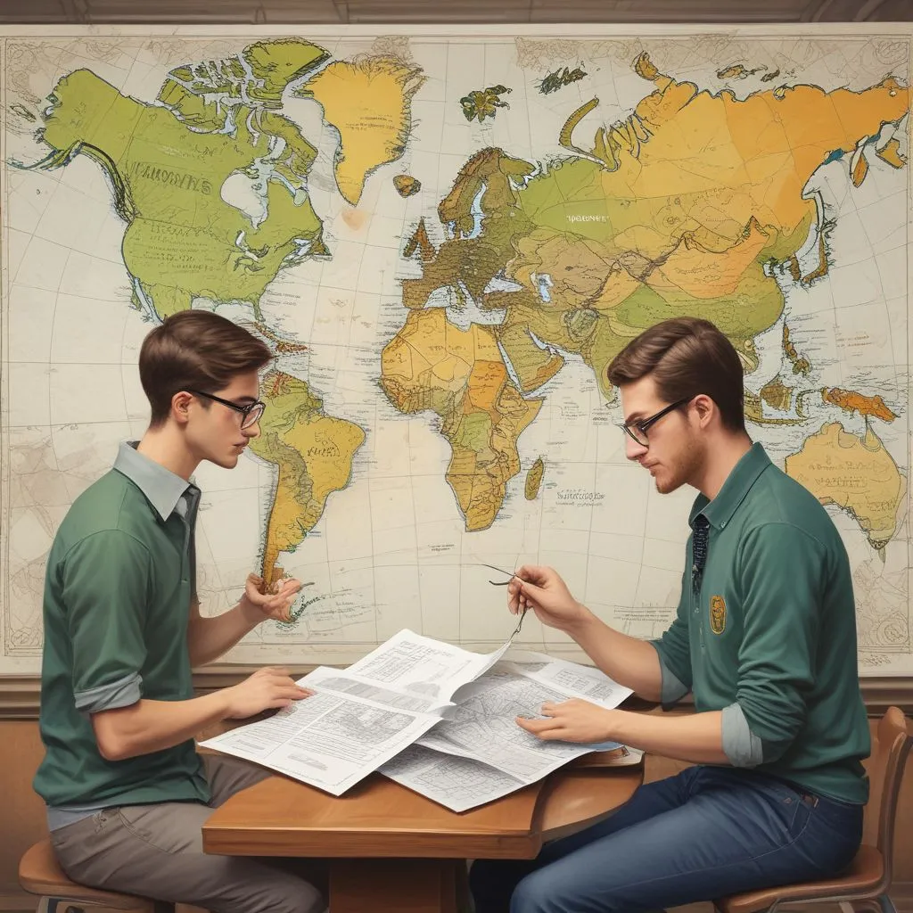 A student and advisor discussing a brochure with a world map and university logos in the background