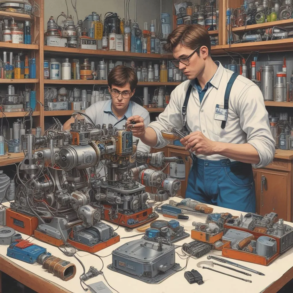 A student assembling a robot in a lab with a mentor guiding, surrounded by tools and components