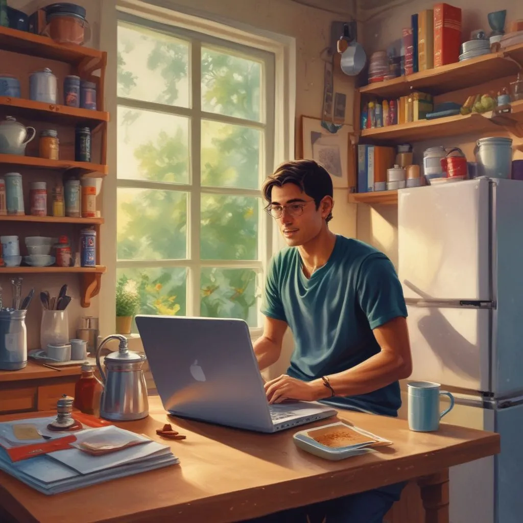 A student brewing chai in a small kitchen with Indian spices and a laptop open to a family photo