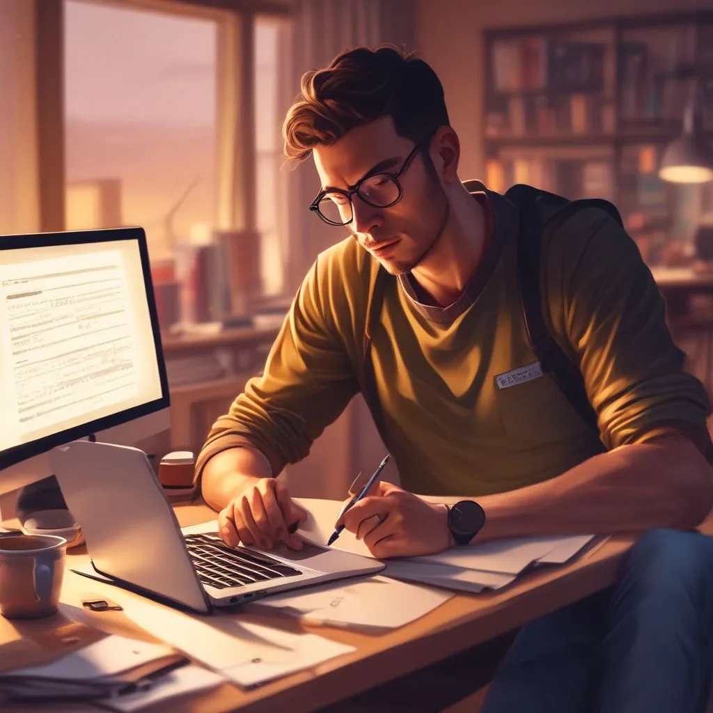 A student browsing a company website on a laptop, with a notepad and pen, researching company culture and values, warm lighting, realistic style